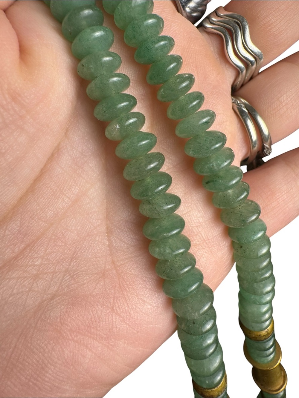 Vintage Jade-Tone Green Stone Beaded Necklace – Long Strand with Brass Spacers - Picture 4 of 13